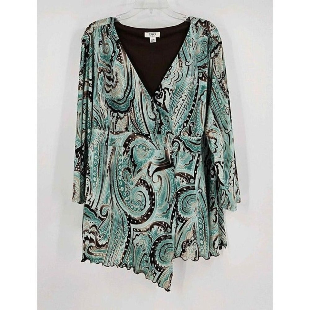 Cato Womens Low V-Neck Pullover Soft Stretchy Front Draping Teal Brown Top Sz 3X